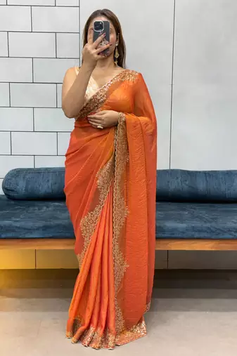 orange fendy silk blend diamond work saree with blouse