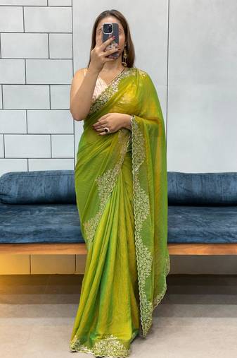 green fendy silk blend diamond work saree with blouse
