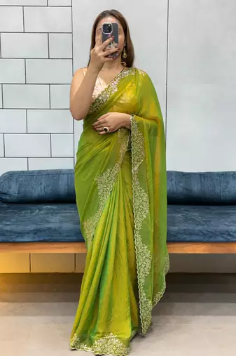 green fendy silk blend diamond work saree with blouse