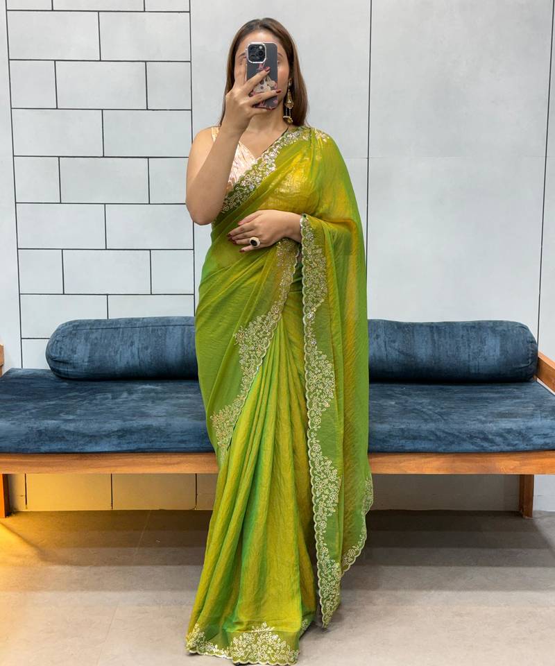green fendy silk blend diamond work saree with blouse