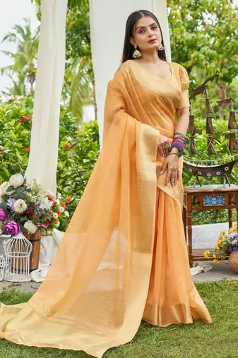 Orange linen saree with unstiched blouse