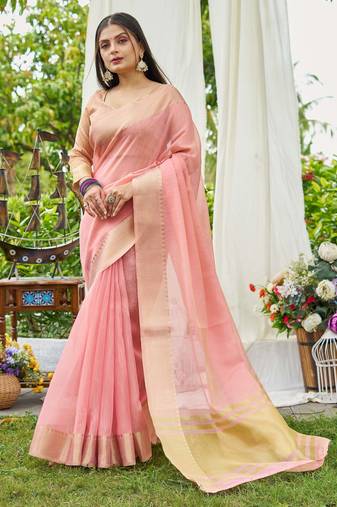 Pink linen saree with unstiched blouse