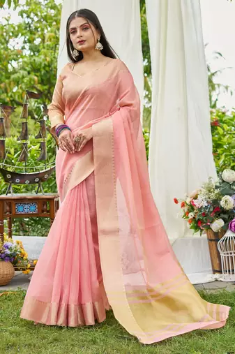 Pink linen saree with unstiched blouse