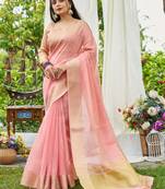 Pink linen saree with unstiched blouse