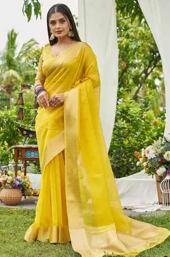 Yellow linen saree with unstiched blouse