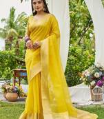 Yellow linen saree with unstiched blouse