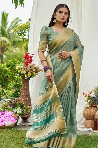 Firozi tissue saree with unstiched blouse