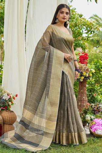 Grey tissue saree with unstiched blouse