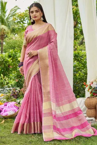 Pink tissue saree with unstiched blouse