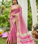 Pink tissue saree with unstiched blouse