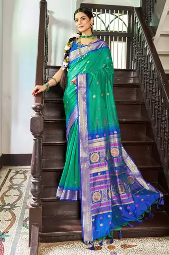 Green rama silk Blend saree with unstitched blouse