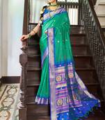 Green rama silk Blend saree with unstitched blouse