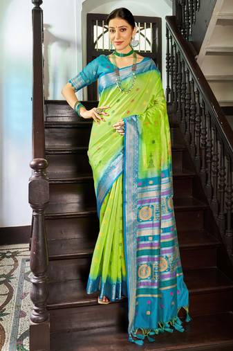 Parrot green silk Blend saree with unstitched blouse