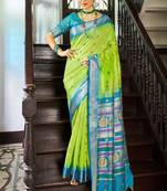 Parrot green silk Blend saree with unstitched blouse