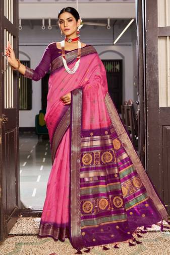 Pink silk Blend saree with unstitched blouse