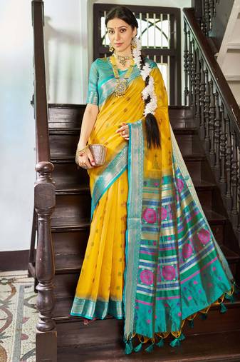 Yellow rama silk Blend saree with unstitched blouse