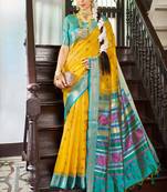 Yellow rama silk Blend saree with unstitched blouse