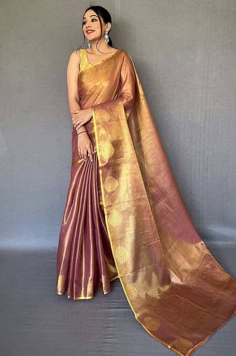 Brown silk blend saree with unstitched blouse
