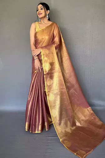 Brown silk blend saree with unstitched blouse