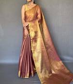 Brown silk blend saree with unstitched blouse