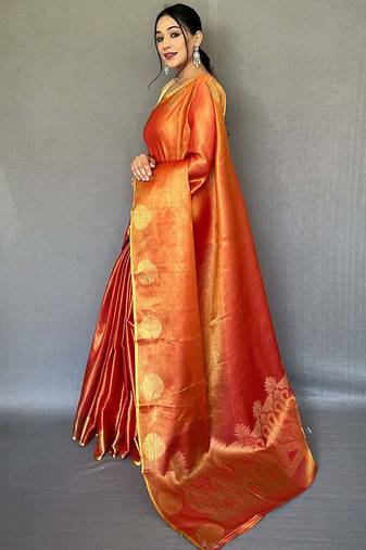 Orange silk blend saree with unstitched blouse