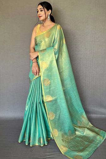 Sky blue silk blend saree with unstitched blouse