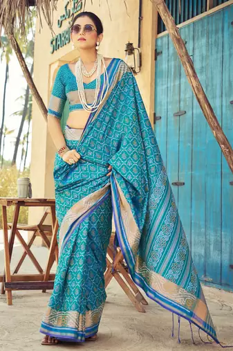 Blue soft silk blend saree with unstitched blouse