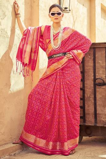 Gajari pink soft silk blend saree with unstitched blouse