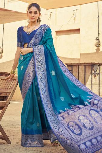 Dark rama soft silk blend saree with unstitched blouse