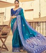 Dark rama soft silk blend saree with unstitched blouse