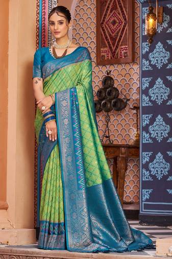 Green blue soft silk blend saree with unstitched blouse