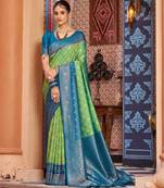 Green blue soft silk blend saree with unstitched blouse