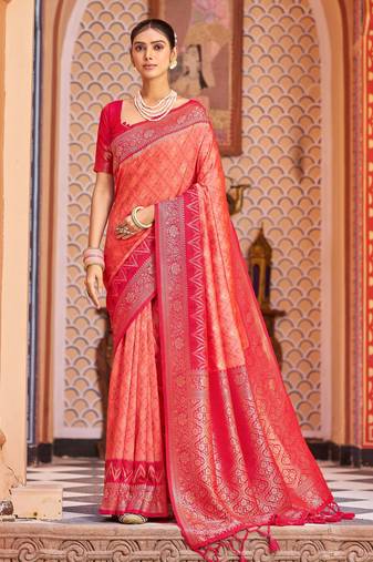 Orange red soft silk blend saree with unstitched blouse