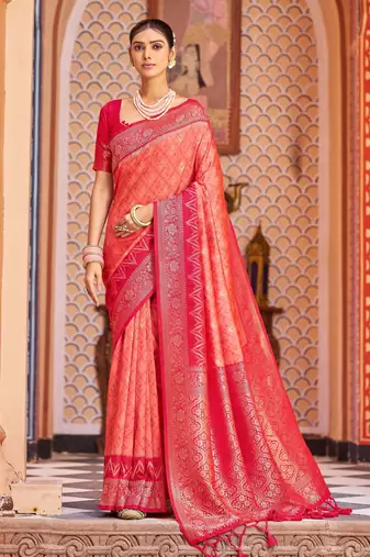 Orange red soft silk blend saree with unstitched blouse