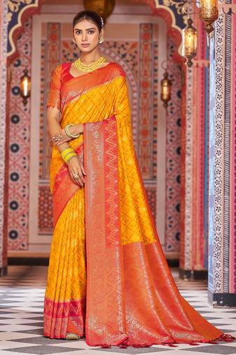 Yellow rama soft silk blend saree with unstitched blouse