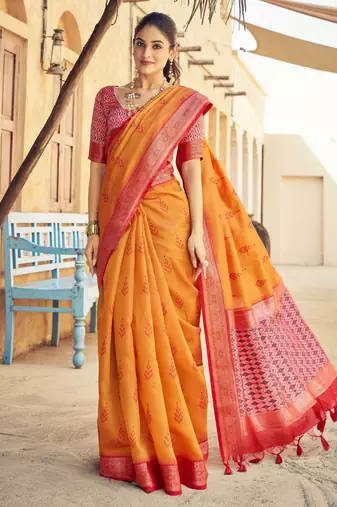 Orange silk Blend saree with unstitched blouse