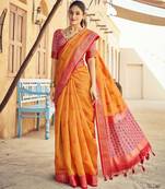 Orange silk Blend saree with unstitched blouse