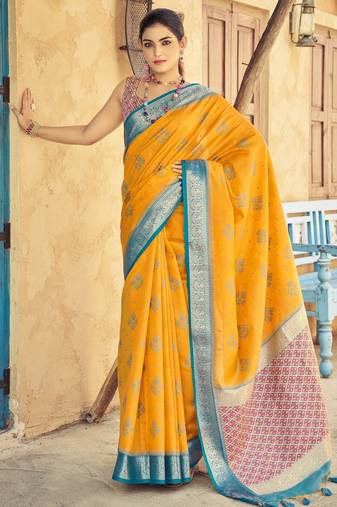 Yellow  silk Blend saree with unstitched blouse