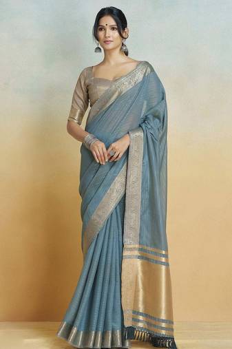 Blue grey silk blend saree with unstitched blouse