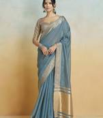 Blue grey silk blend saree with unstitched blouse
