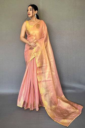 Pink silk blend saree with unstitched blouse