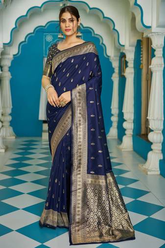 Blue silk blend saree with unstitched blouse