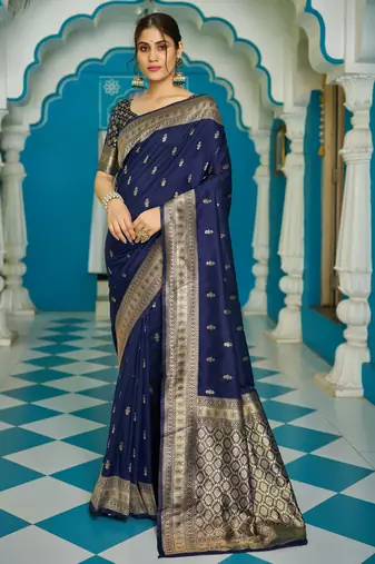 Blue silk blend saree with unstitched blouse