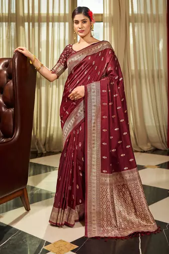 Maroon silk blend saree with unstitched blouse