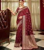 Maroon silk blend saree with unstitched blouse