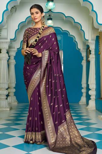 Purple silk blend saree with unstitched blouse