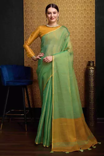 Green linen saree with unstitched blouse
