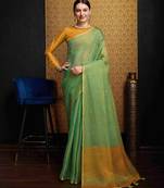 Green linen saree with unstitched blouse