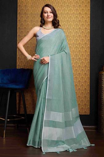 Firozy linen saree with unstitched blouse