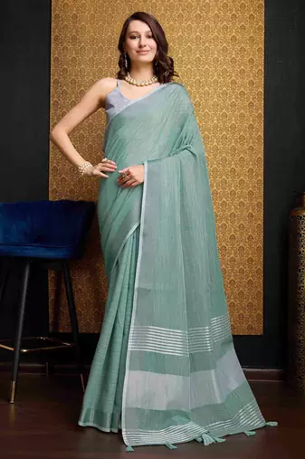 Firozy linen saree with unstitched blouse